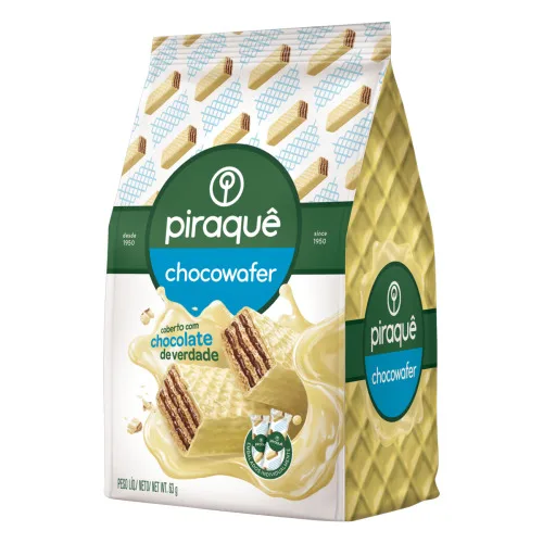 WAFER RECHEIO CHOCOLATE COBERTURA CHOCOLATE BRANCO PIRAQUÊ CHOCOWAFER PACOTE 63G - PIRAQUE