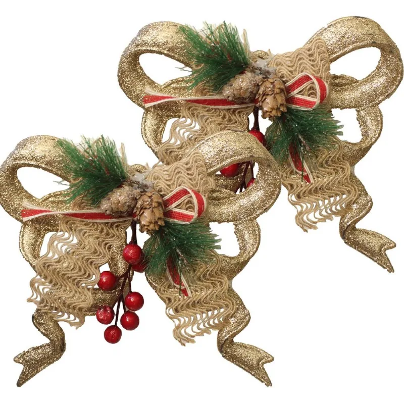 Kit 8 Enfeite Pendente Laço Natalino 18cm Dourado Brilho