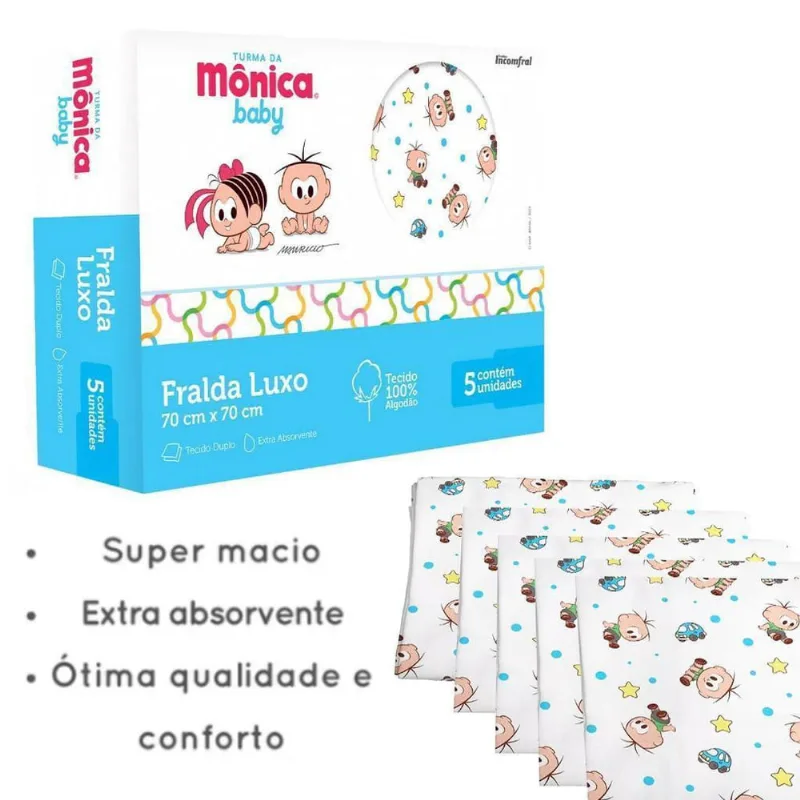 Caixa 5 Fralda Turma Da Mônica 70X70 100% Algodão Cebolinha