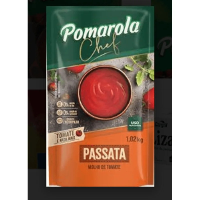 Molho de Tomate Encorpado Passata sem Adição de Sal e Açúcar Uso Profissional Pomarola Chef Sachê 1,02kg