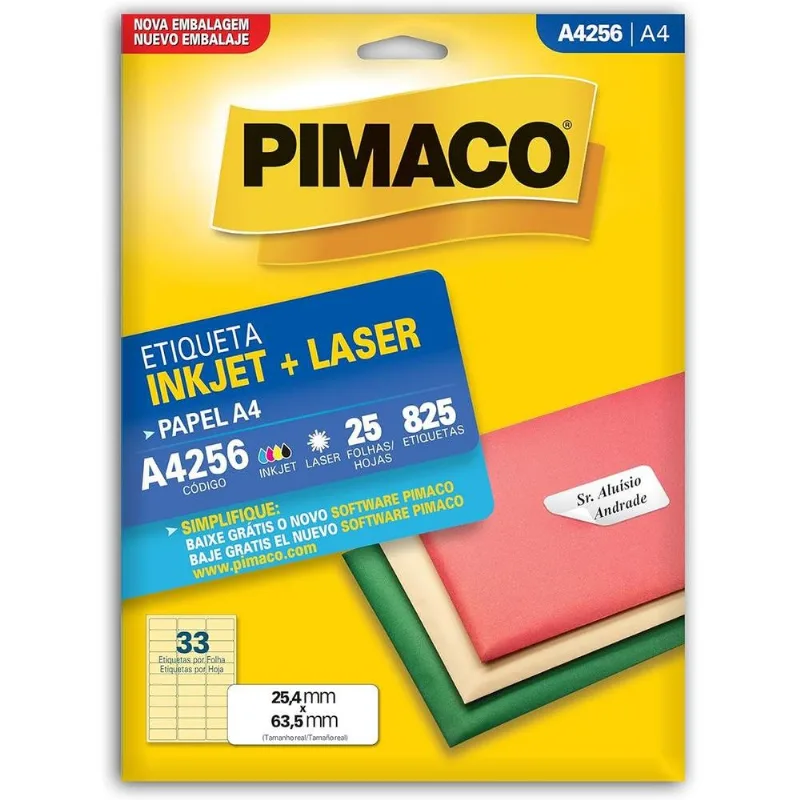 Etiqueta Inkjet Laser A4 256 825 Unidades - Pimaco - Papelaria