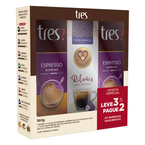 KIT 2 CAFÉS EM CÁPSULA TORRADO E MOÍDO ESPRESSO SUPREMO TRÊS GRÁTIS ESPRESSO MOGIANA PAULISTA 3 CORA - 3 CORACOES