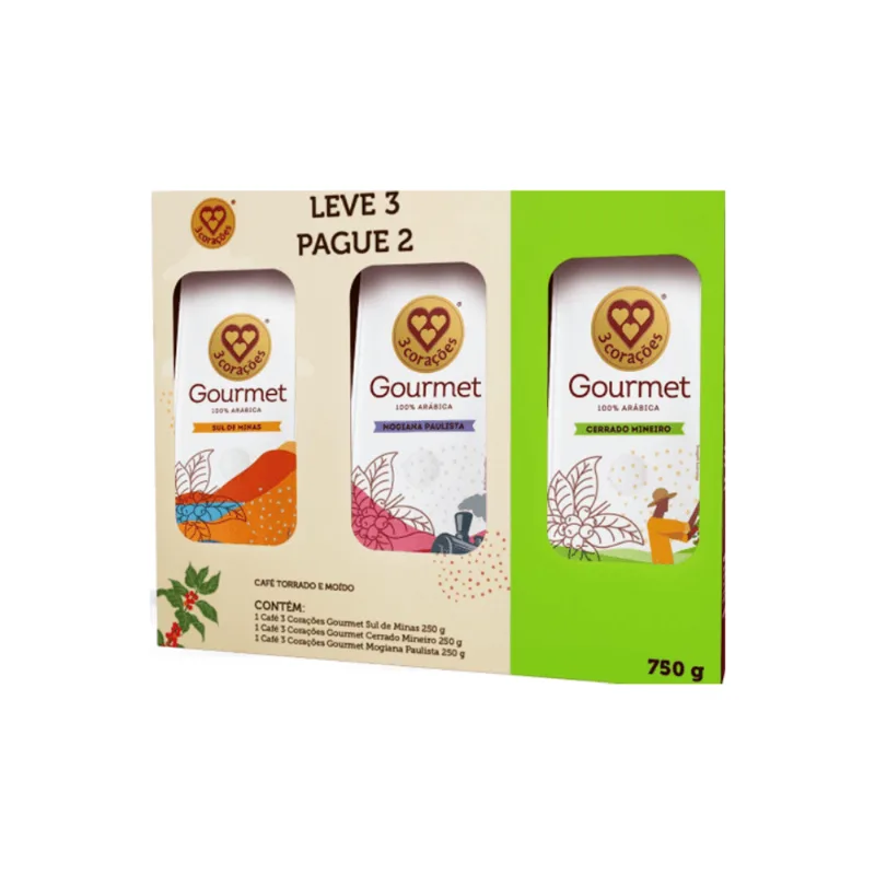 Kit Café Torrado E Moído Sul De Minas + Cerrado Mineiro + Mogiana Paulista 3 Corações Gourmet 250g Cada Leve 3 Pague 2 Unidades Kit Café Torrado e Moído Sul de Minas + Cerrado Mineiro + Mogiana Paulista 100% Arábica 3 Corações Gourmet 250g Cada Leve 3 Pague 2 Unidades