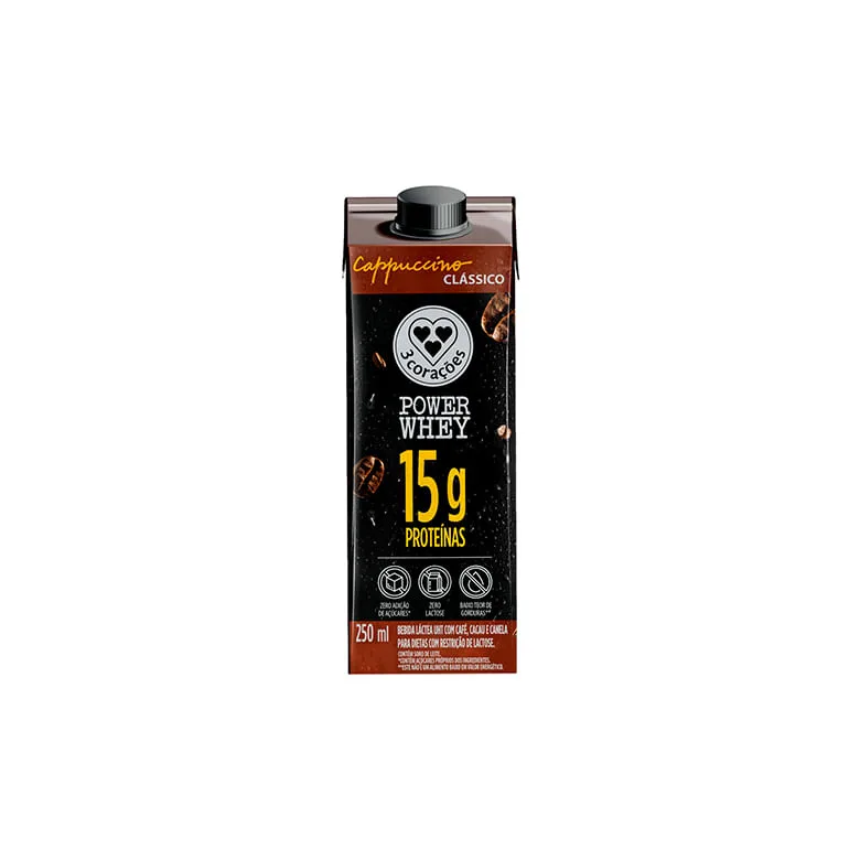 Bebida 3 Coracões Power Whey 15g Zero Açucar/Lactose Cappuccino Clássico 250ml - 3 Corações - Bebidas Não Alcoólicas