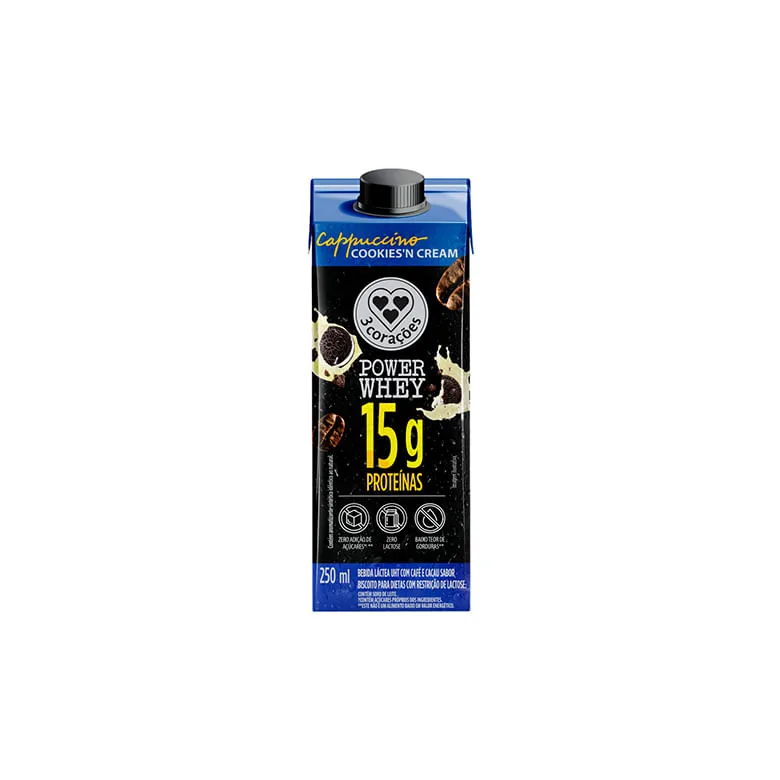 Bebida 3 Coracões Power Whey 15g Zero Açucar/Lactose Cappuccino Cookies'n Cream 250ml - 3 Corações - Bebidas Não Alcoólicas