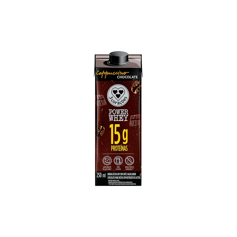 Bebida 3 Coracões Power Whey 15g Zero Açucar/Lactose Cappuccino Chocolate 250ml - 3 Corações - Bebidas Não Alcoólicas