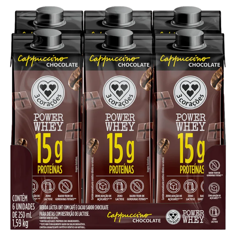 Bebida Pronta Whey Cappuccino Chocolate 3 Corações 6x250ml