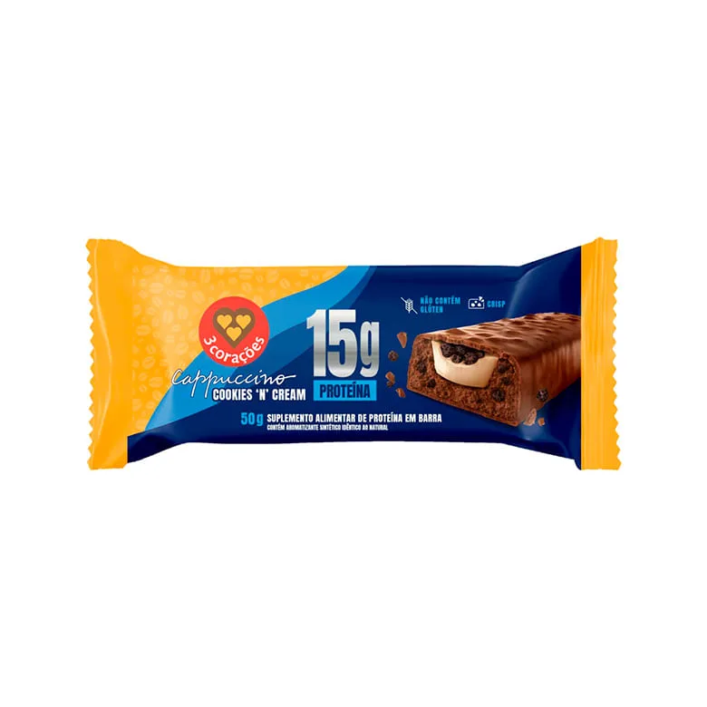 Barra 3 Corações 15g de Proteina Cappuccino Cookies'N Cream 50g - 3 Corações - Vitamina E Suplemento