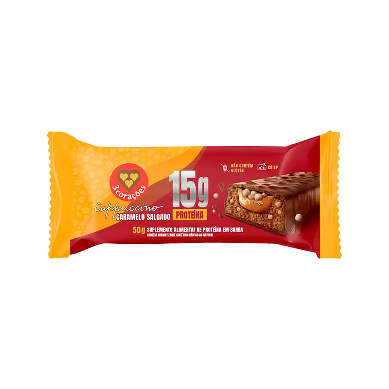 Barra 3 Corações 15g de Proteina Cappuccino Caramelo Salgado 50gr - 3 Corações - Vitamina E Suplemento