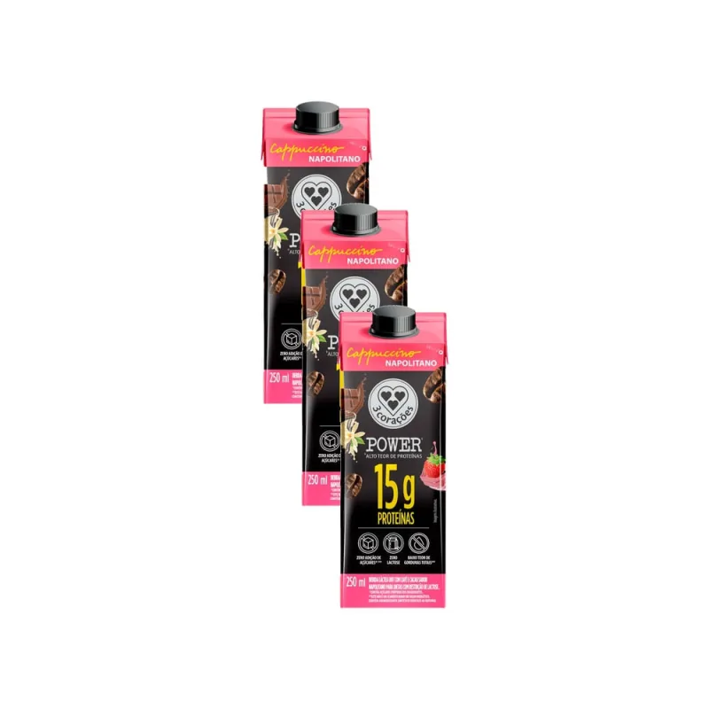 Kit 3 Bebida Láctea 3 Corações Power Cappuccino Napolitano 15g De Proteínas 250ml 3 Corações - Não Informado - Bebidas