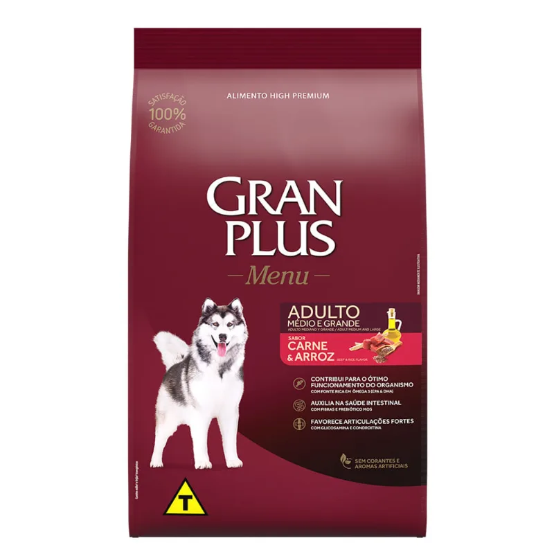 Ração GranPlus Menu Carne e Arroz para Cães Adultos de porte Médio e Grande 20 kg