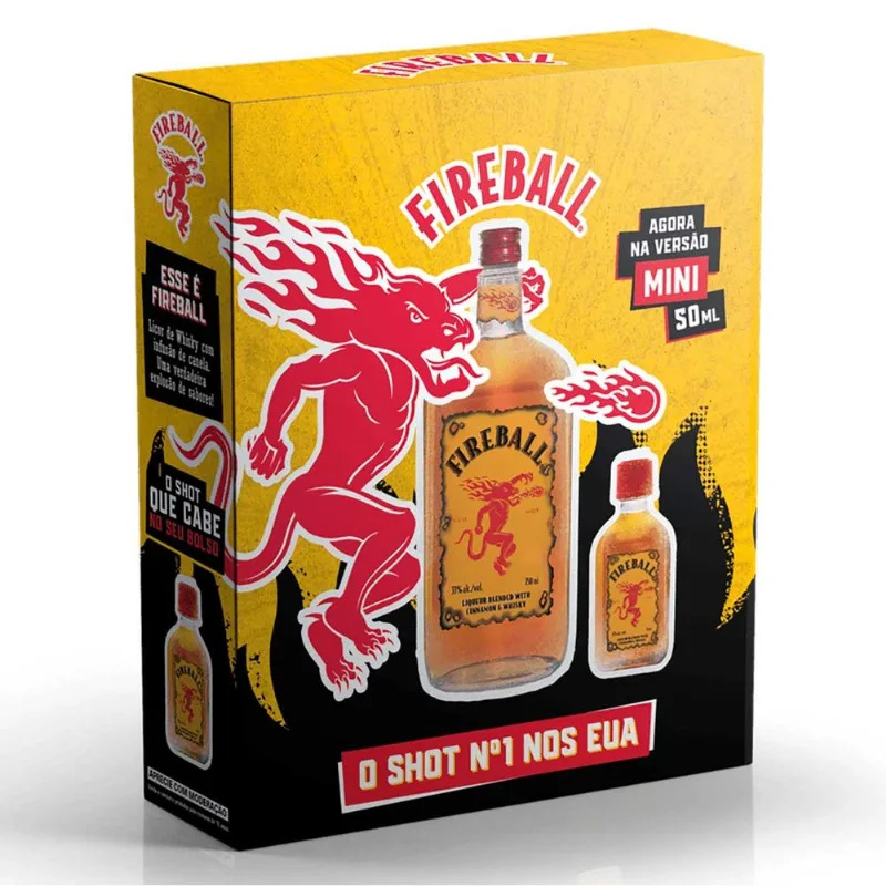 Kit Licor de Whisky com Canela Fireball Garrafa 750ml + 2 Miniaturas + Copo de Shot