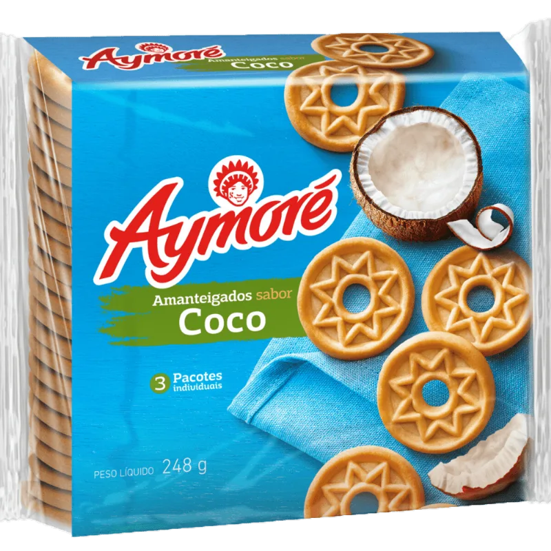 Biscoito Amanteigado Coco Aymoré Pacote 248g 3 Unidades de 82,7g Cada