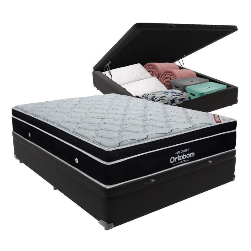 Cama Box Casal Preto Baú Colchão Ortobom Elegant Europillow - Ortobom - Colchões