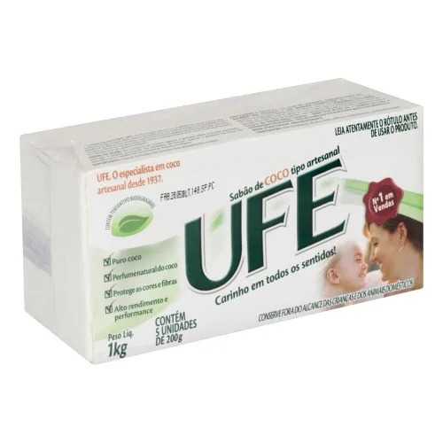 Sabão Em Barra Artesanal Coco Ufe Pacote 1kg 5 Unidades - UFE - Higiene E Beleza