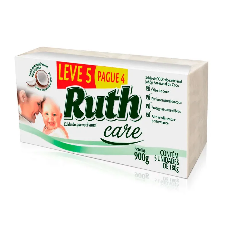 Sabão de Coco em Barra Ruth Care 180g cada Leve 5 Pague 4 Unidades