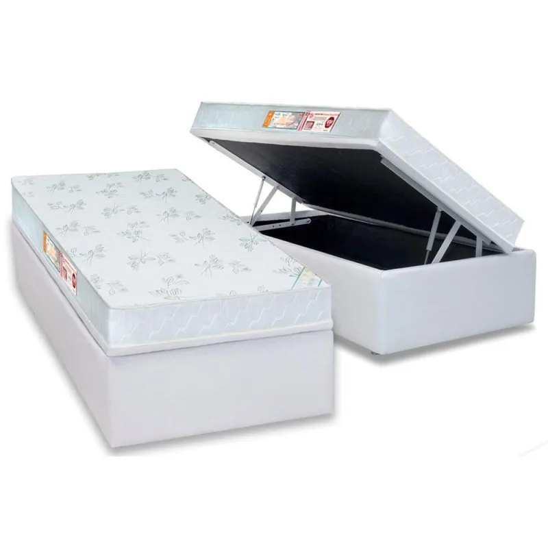 Cama Box Baú Solteiro: Colchão Espuma D33 Castor Sleep Max Relax + Base crc Courano White(88x188) - Castor - Móveis