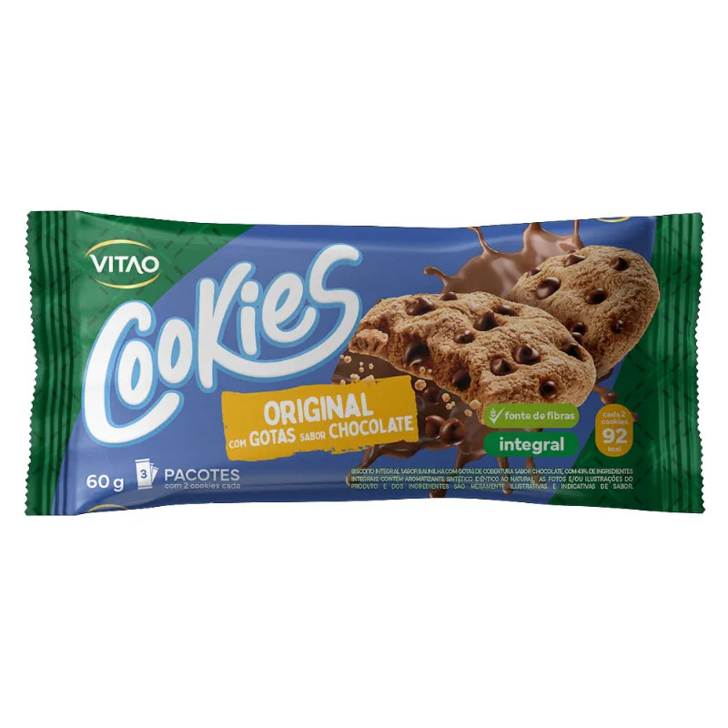 Biscoito Cookie com Gotas de Chocolate Vegano 43% Integral Original Vitao Pacote 60g 3 Unidades