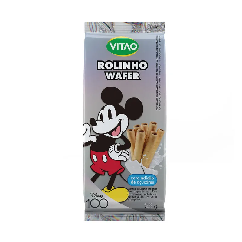 Rolinhos de Wafer Baunilha sem Adição de Açúcar Mickey Mouse Vitao Pacote 25g Disney 100