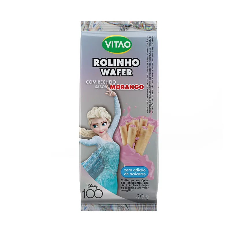 Rolinhos de Wafer Baunilha Recheio Morango sem Adição de Açúcar Frozen Vitao Pacote 30g Disney 100