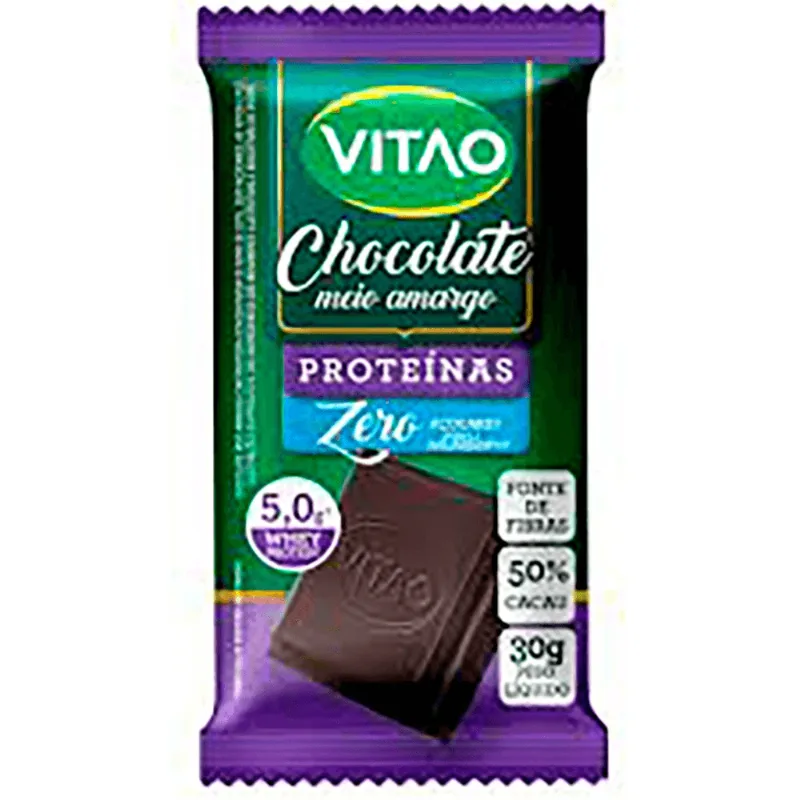 Chocolate Proteico Vitao Meio Amargo 30g Chocolate Meio Amargo 50% Cacau com Proteína Concentrada de Soro de Leite Zero Açúcar Vitao Proteínas Pacote 30g