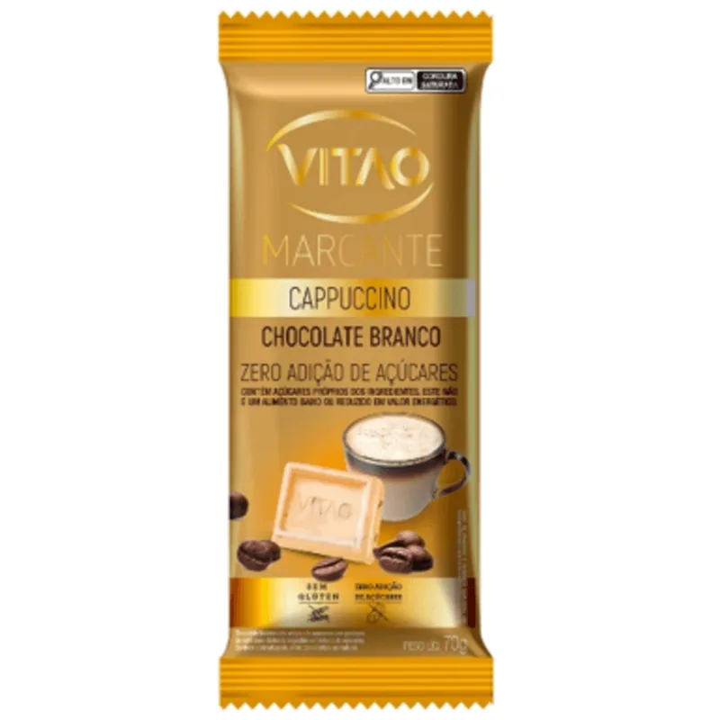 Chocolate Branco Cappuccino com Pedaços de Café sem Adição de Açúcar para Dietas de Ingestão Controlada de Açúcares Vitao Marcante Pacote 70g
