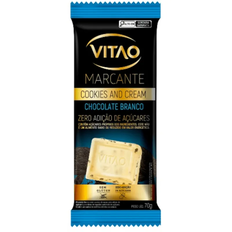 Chocolate Branco com Cookies and Cream Cacau sem Adição de Açúcar para Dietas de Ingestão Controlada de Açúcares Vitao Marcante Pacote 70g