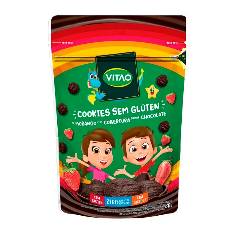 Cookies Vitao Kids s/ Glúten Zero Morango c/ Cobertira de Chocolate 80g