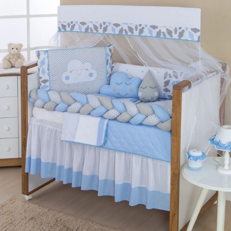 Kit Protetor Berço Trança Com Saia E Cortina Menino Azul Bebe.