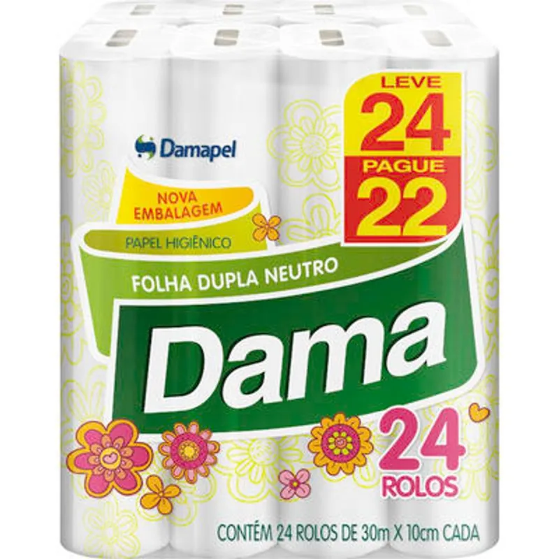 Papel Higiênico Dama Folha Dupla 30m LV 24 PG 22 rolos