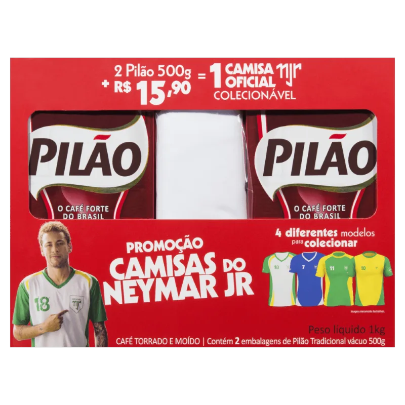 Kit 2 Cafés Torrado E Moído A Vácuo Tradicional 500g + 1 Camisa Oficial Colecionável Branca Neymar Jr Pilão Kit Café em Pó Pilão Torrado e Moído Tradicional 500g com 2 Unidades + Camisa Neymar Junior Branca
