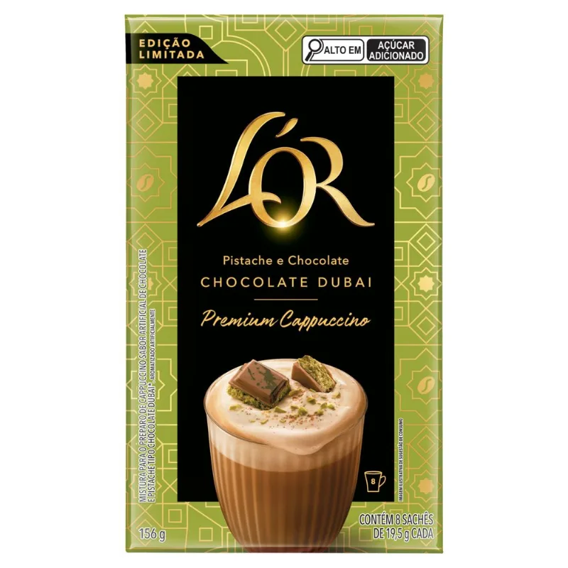 Cappuccino Solúvel L'or Premium Chocolate Dubai Pistache Caixa 19,5g com 8 Unidades Edição Limitada
