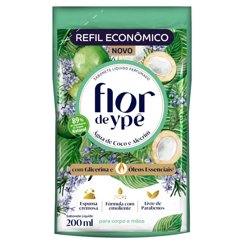 Sabonete Líquido Flor de Ypê Água de Coco e Alecrim Sachê 200ml Refil Econômico