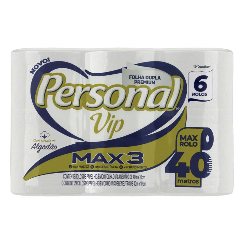 Papel Higiênico Folha Dupla Neutro Personal Vip Premium Max 3 40m - Personal - Higiene E Beleza