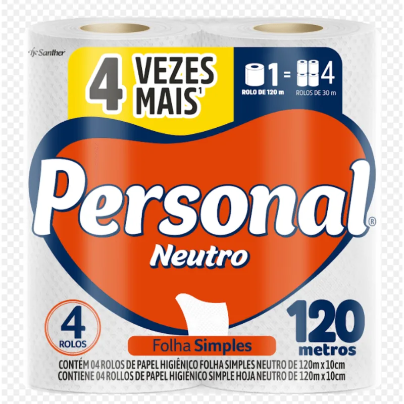 PAPEL HIGIENICO FOLHA SIMPLES PERSONAL NEUTRO 4UN-PC 120M X 10CM 4 VEZES MAIS