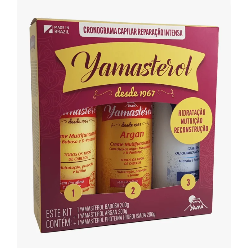 Mascr Cab Yamasterol 3x200g-Fr Babosa+Argan +Prote Kit Yamasterol Cronograma Capilar Reparação Intensa