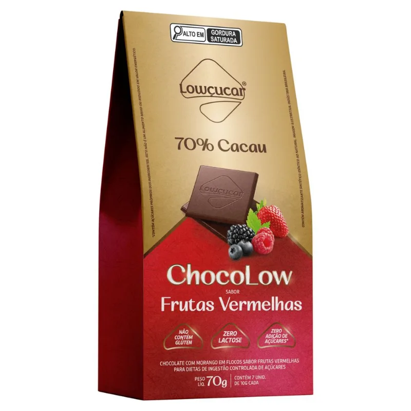 Chocolate Chocolow Lowçucar 70% Cacau Zero Lactose com Morango Frutas Vermelhas Caixa 70g com 7 Unid