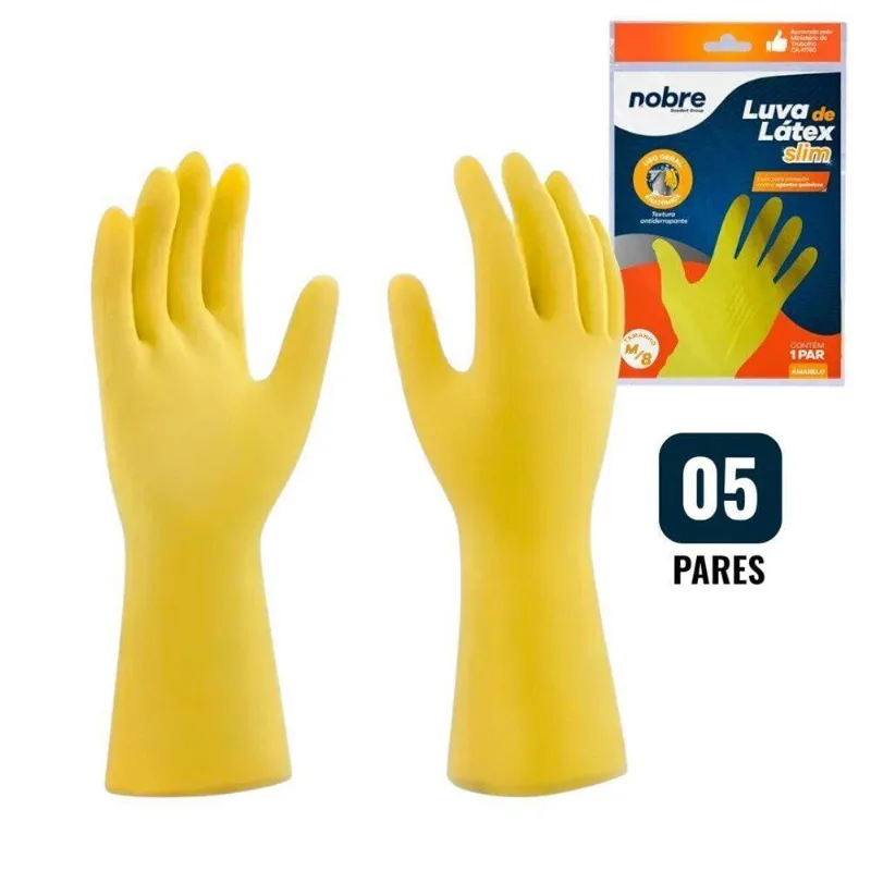 Kit 5 Pares De Luvas Nobre Látex M P- Agentes Químicos Resistente E Segura Amarelo