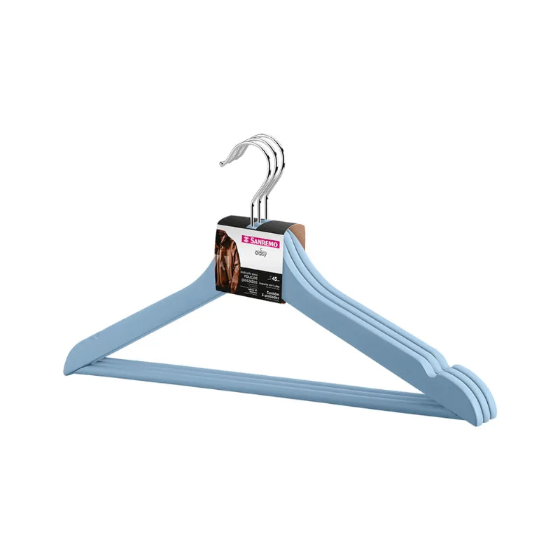 Cabide de Madeira Adulto Azul 43cm Easy Sanremo 3 Unidades