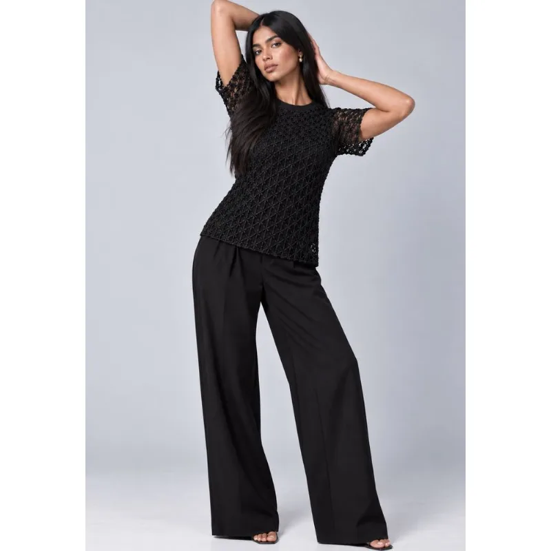 Blusa de Tule Bordado Manga Curta e Gola Redonda Preto Salvatore Tamanho GG