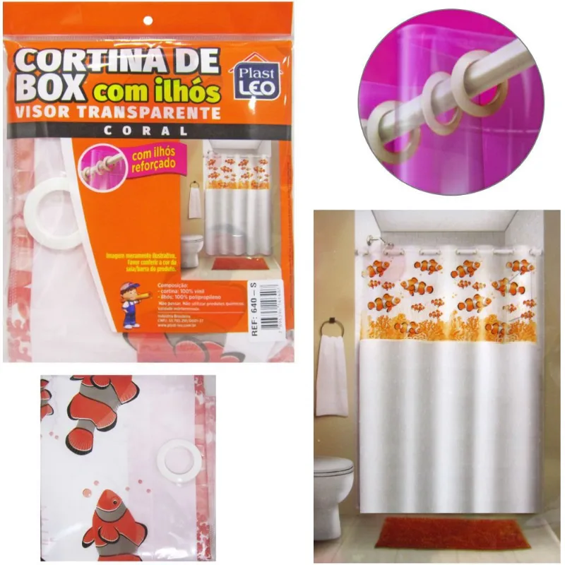 Cortina Box Banheiro Linda 1,35 X 2,00 Com Ilhós Visor Coral