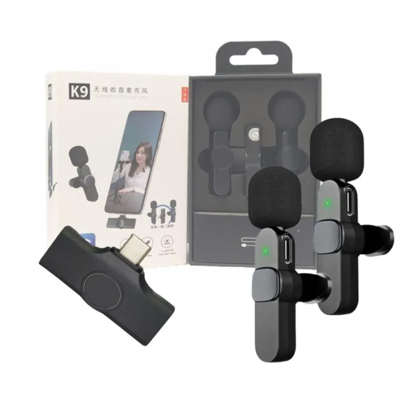 Microfone Condensador Duplo de Lapela Wireless Tipo C K9-TC-2IN1 Preto - OUTRAS - Instrumentos Musicais