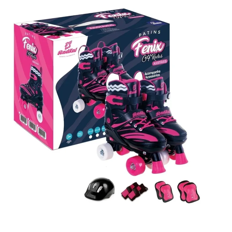Patins Radkal 04 Rodas C/ Acessórios Preto/Rosa Ajustável 32 a 35 PF-04 - Fenix - Fenix - Brinquedos