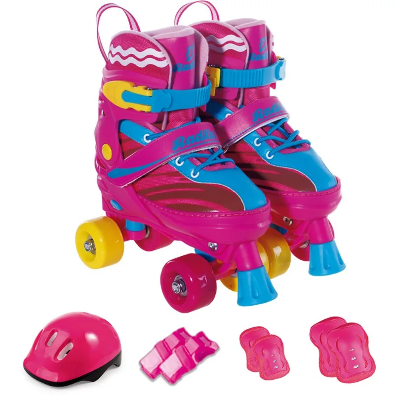 Patins Fênix 4 Rodas Com Kit de Segurança Rosa e Amarelo PF-05 28-31