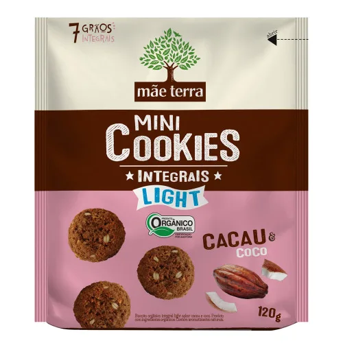 Biscoito Integral Orgânico Cacau Coco Light Mãe Terra Mini Cookies Pacote 120g - MAE TERRA - Mercearia
