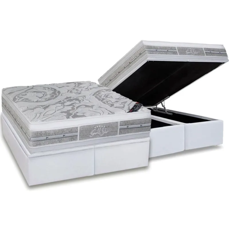 Cama Box Baú King: Colchão Molas Pocket Ensacadas Castor Super Luxo Látex Plush + Base crc Courano White (193x203) - Castor - Móveis