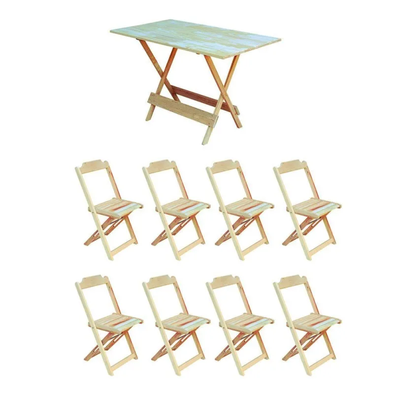 Jogo De Mesa Dobrável 120X70 Em Madeira Padrão Com 8 Cadeiras Sem Pintura/Crua - Marrom - OUTRAS MARCAS - Agro