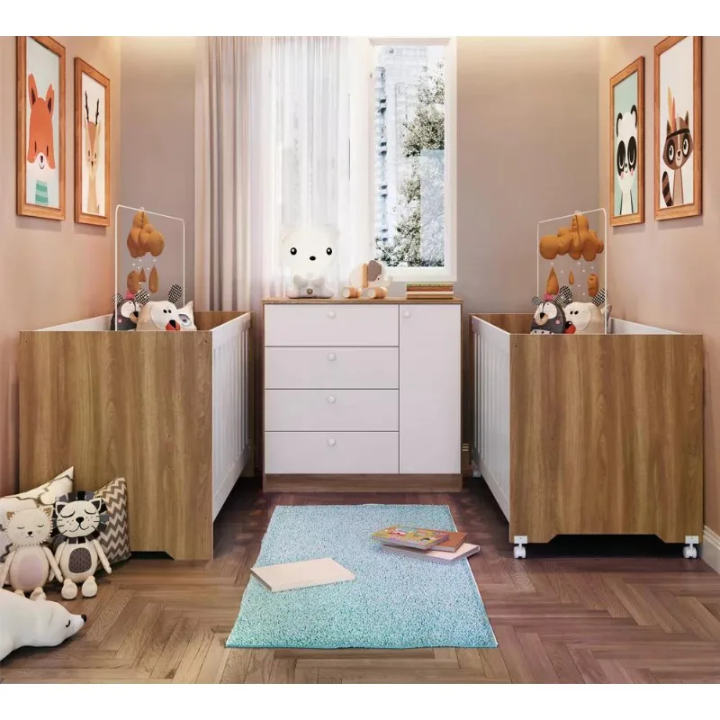 Quarto Infantil Para Gemeos Aconchego LA036 Nogal Manchester Branco Completa Moveis