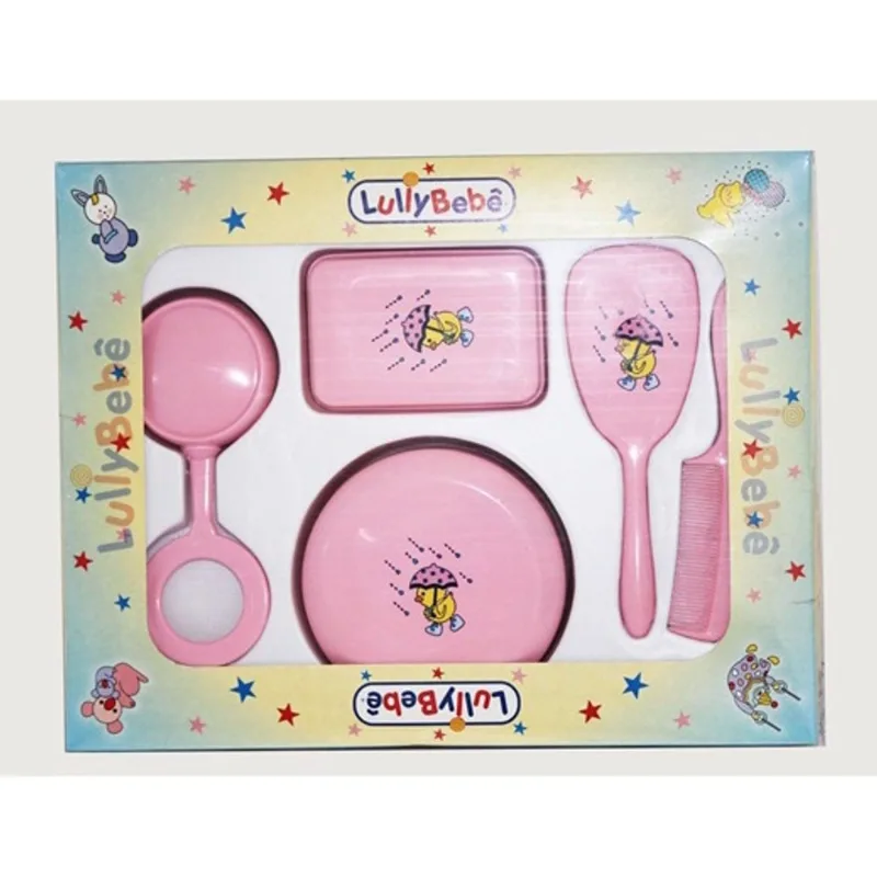 Kit banho infantil com 5 peças com pente, escova, chocalho, saboneteira E porta-utilidades cor rosa bebê