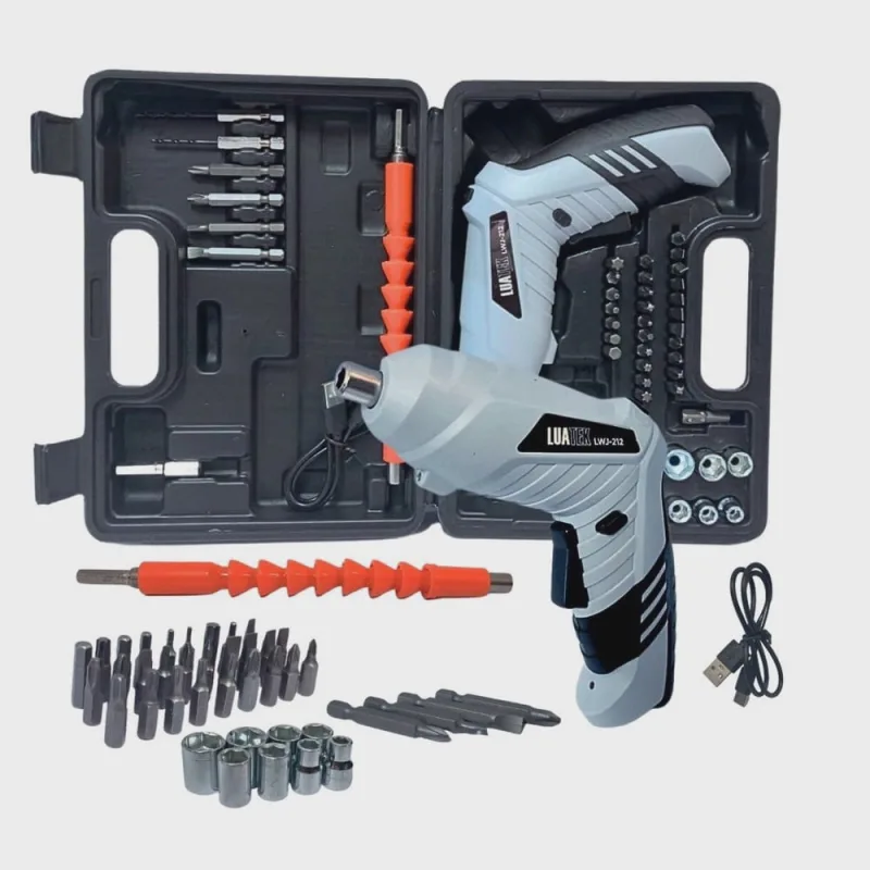Kit Mini Parafusadeira c/ Luz de Led c/ Bateria Recarregável Acessórios 47 Pçs Luatek LWJ-212 - Não Disponível - Construção E Ferramentas